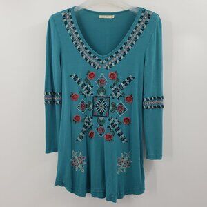Caite Embroidered Tunic Top Women's S Teal Green V-Neck Curved Hemline Boho Long